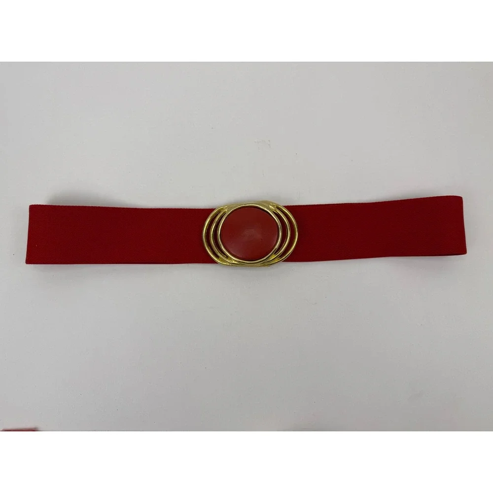Vintage 1980's Red Elastic Cinch Belt Gold Tone Ornate Buckle